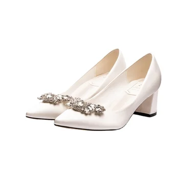 Белые свадебные туфли На толстом каблуке, свадебные туфли со стразами, острый носок, средний каблук, Большие размеры 41-43, модельные туфли для свадебных женщин