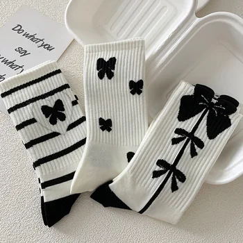 Универсальные классические черно-белые полосатые носки-трубочки с бантом и кроликом, японские носки kawaii Harajuku jk Lolita girl flower socks