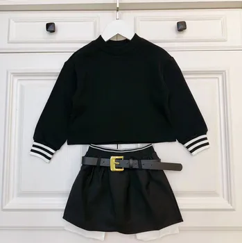 Осенний высококачественный черный свитер с длинным рукавом 2023 года + юбка, модный комплект одежды для девочек от 3 до 4 до 14 лет