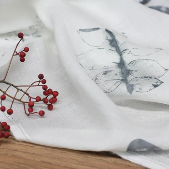 Высококачественная белая ткань Ramie с глубоким и легким принтом в виде листьев, ткань для платья-рубашки cheongsam