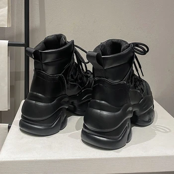 Зимние женские теплые ботильоны на высоком каблуке 8 см, короткие ботинки, Мотоциклетные ботинки, Кожаные кроссовки на платформе, женские ботинки Feminina