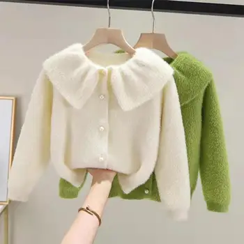 Осенне-зимний однотонный теплый свитер для девочек с жемчугом, вязаный кардиган из бархата принцессы, норковая куртка, детская одежда, детская одежда Q575