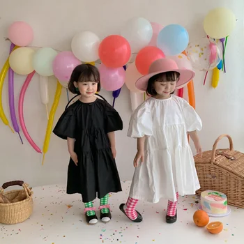 Летнее однотонное винтажное длинное платье для девочек, хлопковые платья принцессы для детей 2-6 лет с пышными рукавами