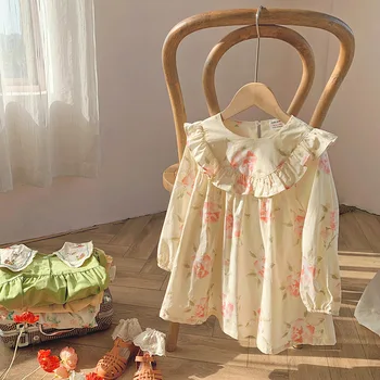 Юбка с цветочным рисунком 2023, весеннее новое платье с длинными рукавами и полным принтом, детская повседневная модная одежда, юбка в стиле принцессы для маленьких девочек