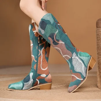 OEING/ Женские Ботинки до середины Икры с Острым Носком и Вышивкой Соответствующих цветов На массивном каблуке 