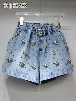 Женские джинсовые шорты с завязками в стиле пэчворк CHICEVER, высокая талия, складки, Сращенные Бриллианты, Хитовый цвет, Свободные короткие брюки, женские летние шорты