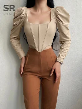 SINGREINY Женская тонкая блузка с квадратным вырезом, осень, длинный рукав, модные однотонные французские придворные дамы в стиле ретро, повседневные сексуальные клубные короткие топы