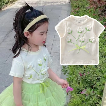 IENENS/ Летние футболки с цветочным рисунком для девочек, хлопковая футболка, модные милые топы с короткими рукавами, детская одежда, повседневная футболка для малышей 0-6 лет 0