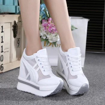 Классические женские сетчатые кроссовки на платформе, кроссовки, белые туфли на танкетке на высоком каблуке 10 см, уличная обувь, дышащая повседневная женская обувь