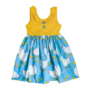 Желтое платье без рукавов с рисунком цыпленка, синяя юбка, летнее платье для девочек, детское платье длиной до колен, можно настроить