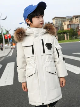 Детская одежда из натурального меха, зимний пуховик для мальчика, парки, ветровка, одежда для подростков, длинное детское пальто с капюшоном TZ906