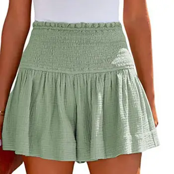 Свободные летние женские шорты со складками и рюшами, уличная одежда с высокой талией, пляжные струящиеся женские повседневные короткие брюки