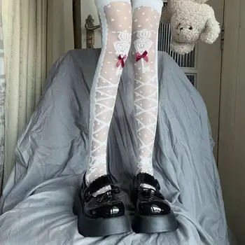 Японские Длинные носки JK Princess Lolita, Мягкие Белые носки до бедра для девочек, Галстук-бабочка, Прозрачные жаккардовые гольфы до колена