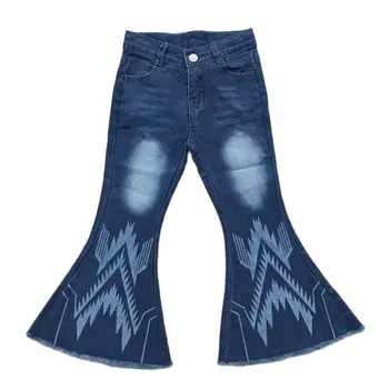 P0126 Оптовый бутик детской одежды, одежда для девочек, синие джинсовые брюки с геометрическим рисунком, удобные дышащие брюки в стиле вестерн
