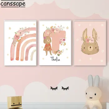 Плакат с пользовательским названием, настенные рисунки с кроликом, Радужная картина на холсте, цветочные принты, Скандинавское настенное искусство, плакат для детской, декор детской комнаты