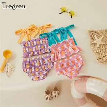 Комплект бикини Tregren Cute Kids для девочек, Милые купальники со шнуровкой и оборками, Купальник контрастного цвета с цветочным принтом, Летний пляжный купальник