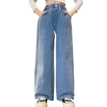 Джинсы для девочек, однотонные джинсы для девочек, весенне-осенние брюки для мальчиков, повседневная одежда для девочек 6, 8, 10, 12, 14 лет