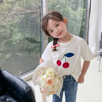 Повседневная детская летняя футболка с вишневым принтом, Корейские модные топы с круглым вырезом и коротким рукавом 2023, хлопковые белые футболки для маленьких девочек 0