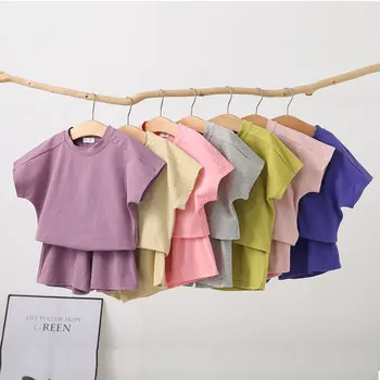 Комплекты детской одежды для мальчиков и девочек, однотонные свободные футболки с короткими рукавами + шорты, костюмы из 2 предметов