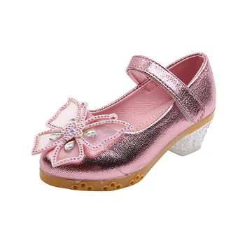 Детские кожаные туфли с цветочным узором на высоком каблуке и кристаллами для девочек; Модельные туфли с бантом для школьных показов; Модельные туфли для вечеринок; Обувь принцессы; Новые