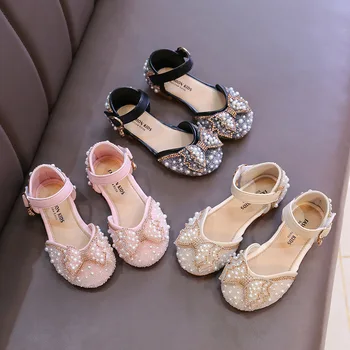 Сандалии для девочек, модная обувь принцессы, Весенне-летние сандалии на плоской подошве с жемчужными блестками, простая детская обувь для вечеринки, свадьбы G05141