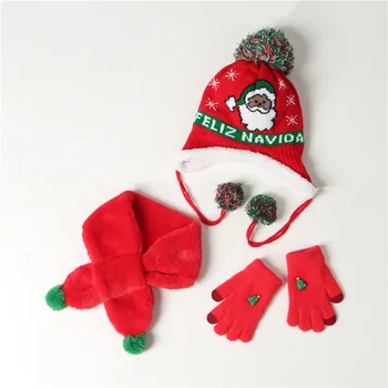 Рождественский набор из 3 шт., детская шапка, шарф, перчатки, детская шапочка для девочек, милая мультяшная вязаная шапочка для мальчика, теплые снежные детские шапки в подарок