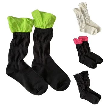 Женские носки из тонкой сетки в стиле Харадзюку с неоновыми цветными блоками и рюшами, Лоскутные эластичные чулочно-носочные изделия с пузырями в средней части трубки