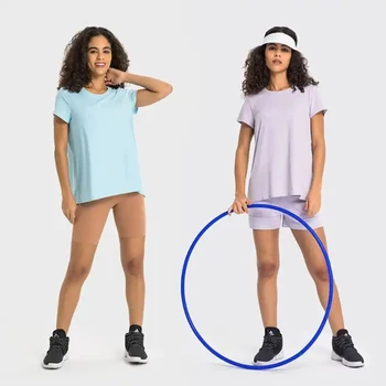Легкие повседневные футболки с завязками на спине, женские футболки с круглым вырезом и коротким рукавом, топ для йоги, быстросохнущая майка, спортивная одежда для тренировок