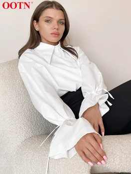 Офисная женская белая блузка OOTN, Элегантная рубашка на шнуровке с отложным воротником и длинным рукавом, Женская Свободная Весенняя повседневная Корейская одежда 2023 года.