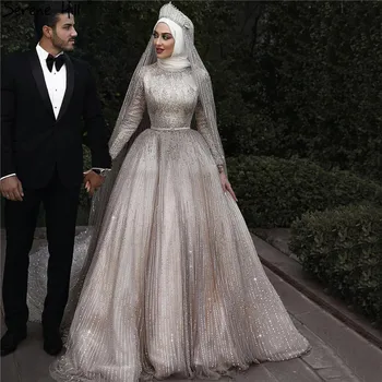 Мусульманские роскошные свадебные платья высокого класса, расшитые блестками 2023, Винтажное свадебное платье цвета слоновой кости с длинным рукавом HA2214, изготовленное на заказ