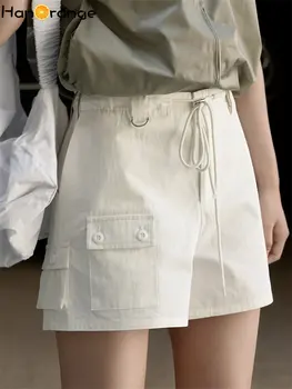 HanOrange 2023 Летняя мода Spicy Girl, шорты из чистого хлопка, женские шорты с высокой талией и завязками, спортивные брюки А-силуэта, белые / розовые