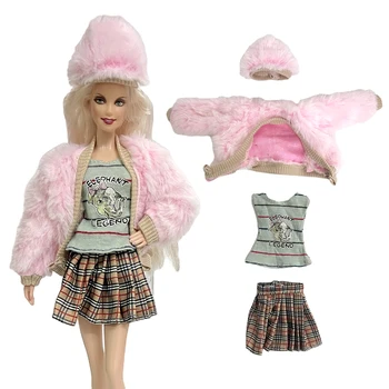 NK 4 Предмета/Комплект Кукла Барби Розовая Одежда Шуба + Рубашка + Платье + Шляпа Для Куклы Барби Одежда Аксессуары Для Кукол Игрушки Для девочек