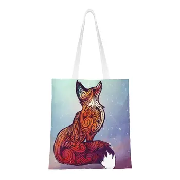 Сумка для покупок с рисунком космической лисы из мультфильма, женская холщовая сумка через плечо, прочные сумки для покупок из продуктов животного происхождения