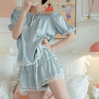 Милая кружевная пижама для женщин, Новый комплект шорт Pijama Mujer с коротким рукавом, Летняя пижама, женская тонкая ночная одежда, домашняя одежда