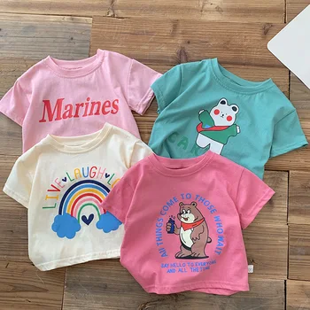 Летняя детская футболка 2023 года для малышей от 0 до 6 лет, хлопковая футболка с круглым вырезом и радужным принтом, топы с мультяшным медведем, одежда