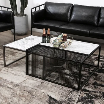 Журнальный столик из кованого железа в скандинавском стиле для мебели для гостиной, креативный мраморный квадратный чайный столик, многофункциональный приставной столик для дивана