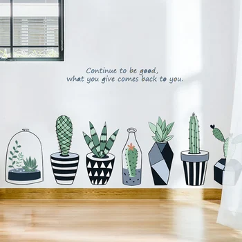 Креативные наклейки на стены в горшках Зеленые растения Украшение дома гостиной Подростковые эстетические плакаты Скандинавские растения Наклейки на стены с кактусами
