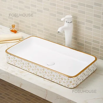 Раковина на платформе большого размера, Золотые раковины для ванной комнаты, Керамические раковины для ванной комнаты, Прямоугольные персонализированные раковины для мытья