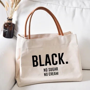 Черная холщовая сумка-тоут без сахара и сливок с забавным принтом, подарочная книга, рабочая сумка, женская повседневная пляжная сумка для покупок, сумочка