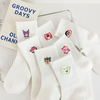 Женские Белые хлопчатобумажные носки с милой мультяшной вышивкой из аниме Kawaii, Весенне-летние модные дышащие носки средней длины в японском стиле