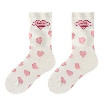Женские носки Sweet Love Heart Crew, чулочно-носочные изделия в рубчик в стиле харадзюку 1
