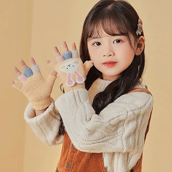 Детские зимние теплые утепленные перчатки для девочек, мягкие перчатки без пальцев с полупальцами для животных, уличные теплые варежки, перчатки для детей