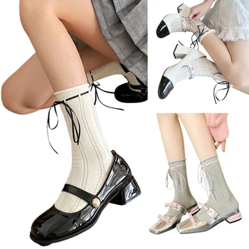 Женские сетчатые носки на щиколотках с манжетами из хлопка с напуском, балетные носки с бантом P8DB