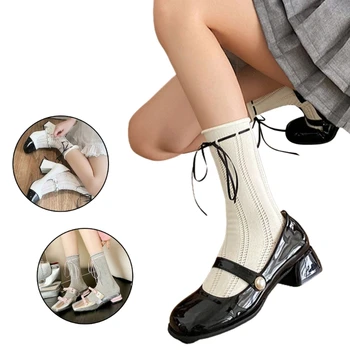 Женские сетчатые носки на щиколотках с манжетами из хлопка с напуском, балетные носки с бантом P8DB 1