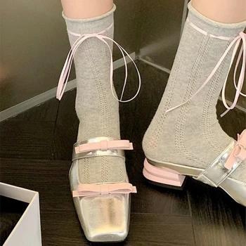 Женские сетчатые носки на щиколотках с манжетами из хлопка с напуском, балетные носки с бантом P8DB 2