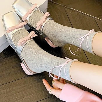Женские сетчатые носки на щиколотках с манжетами из хлопка с напуском, балетные носки с бантом P8DB 3