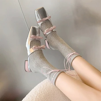 Женские сетчатые носки на щиколотках с манжетами из хлопка с напуском, балетные носки с бантом P8DB 5
