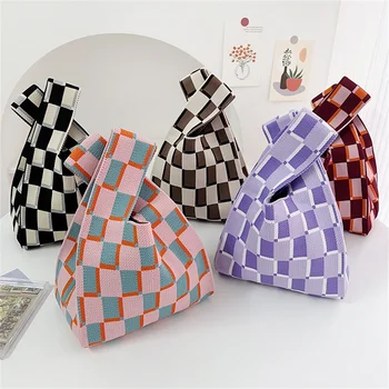 Вязаная сумочка ручной работы, женская сумка на запястье с мини-узлом, японская повседневная цветная сумка в шахматную клетку, студенческие сумки для покупок многоразового использования