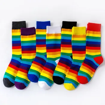 Модные полосатые радужные носки, женские хлопчатобумажные милые носки-трубочки для девочек, женские повседневные забавные кавайные носки в стиле хип-хоп, женская уличная одежда