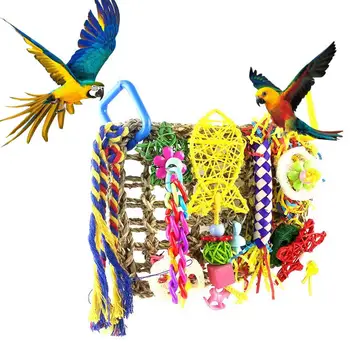 Игрушка для укуса попугая, Износостойкая игрушка для жевания попугая, Яркая цветная подставка, Забавная травяная сетка, Красочная тканая трубка, игрушка для жевания попугая